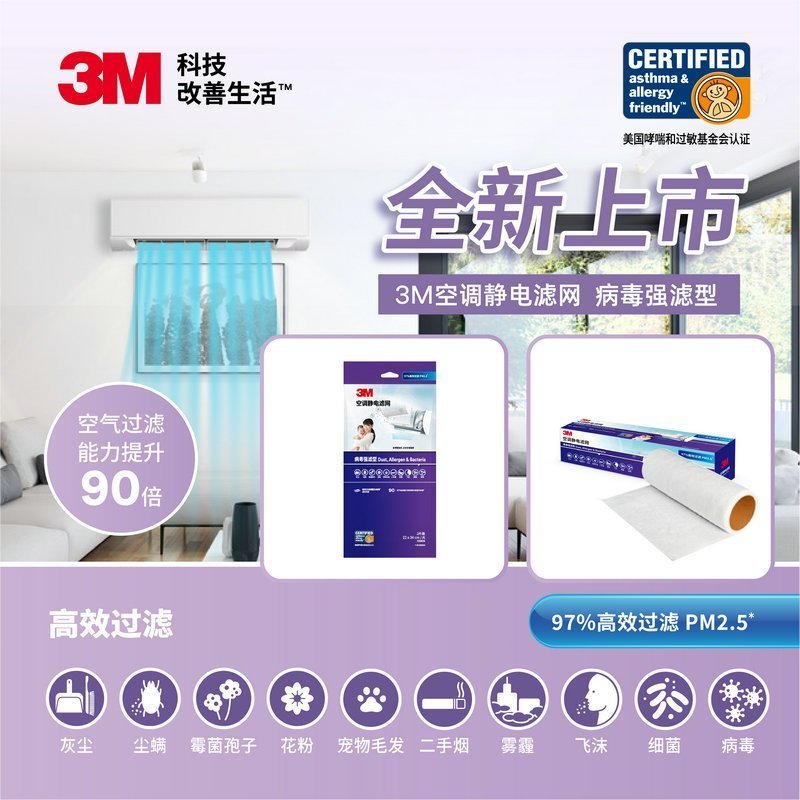 3M 空调过滤网防尘网升级版去除PM2.5吸附灰尘空调配件安装方便强滤型2片装(22*34cm)*3包