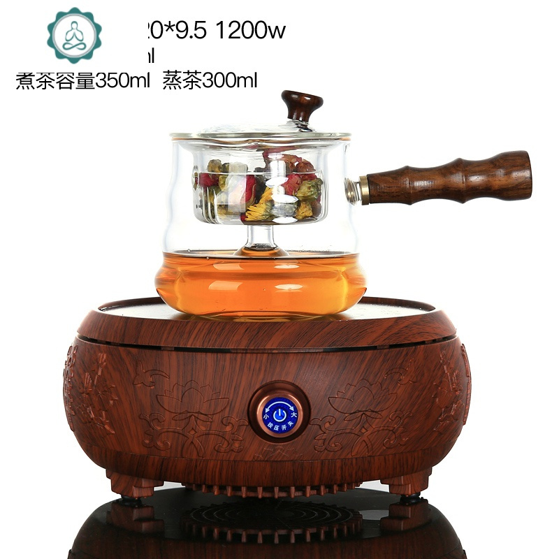 自动电陶茶炉蒸汽煮茶壶耐高温玻璃花茶器办公家用带过滤套装茶具 封后 白瓷迎春花炉+竹报平安蒸煮双胆壶+竹盘套装