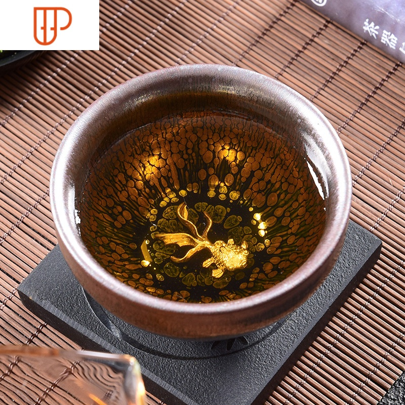 镶银铁胎建盏茶杯 家用天目釉油滴建盏主人杯品茗杯大杯子 国泰家和 镶银油滴盏-凤凰9I12N9