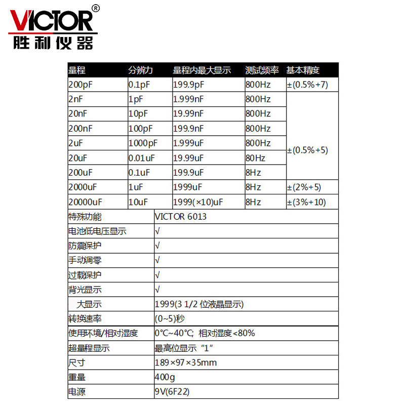 胜利仪器(VICTOR)正品高精度电容表VC6013数字电容表可手动校准手持LCR测试仪