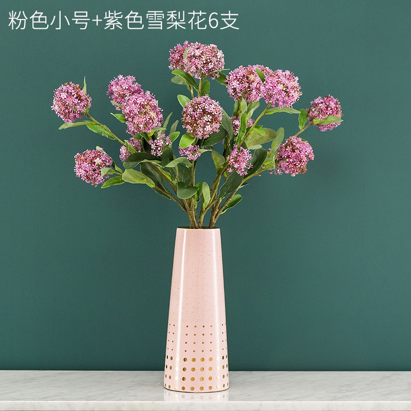 现代简约轻奢样板间摆件条纹陶瓷花瓶北欧风格 餐桌干花插花花器收纳袋 三维工匠 粉色小号+紫色雪梨花6支