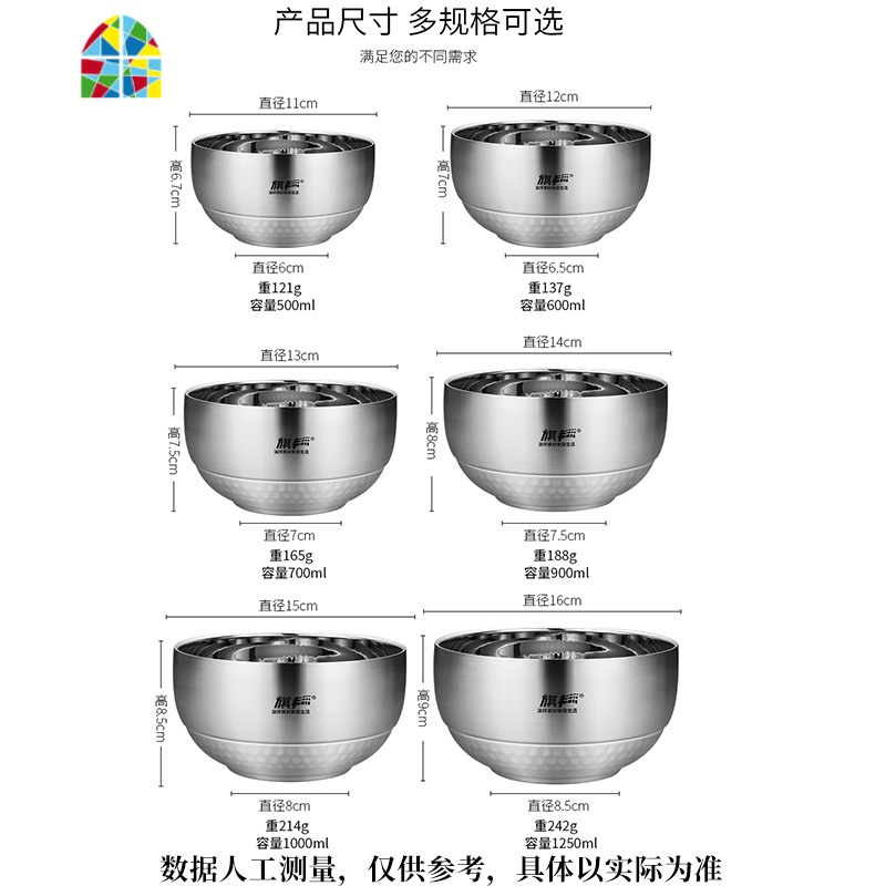 304不锈钢碗加深加厚双层隔热碗单个成人防摔防烫儿童米饭碗套装 FENGHOU 内外304钻石碗-13cm