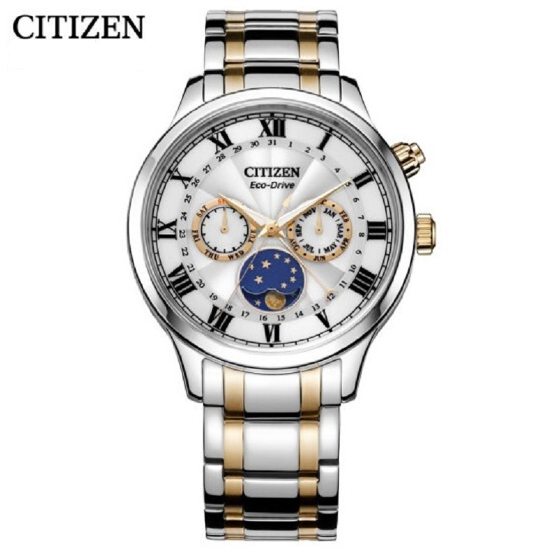 新品 国行西铁城 CITIZEN 手表 星月白盘光动能月相钢带商务男表AP1054-80A