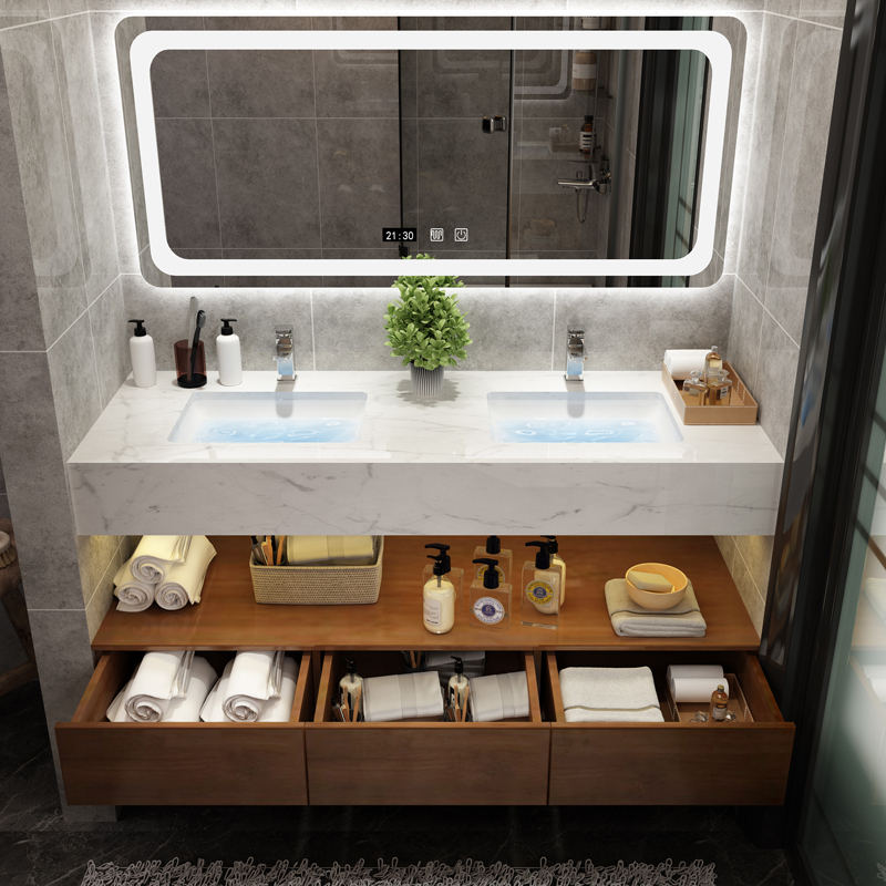 简约挂墙式卫生间大理石双盆洗漱台定制闪电客浴室柜 80cm主柜 镜柜