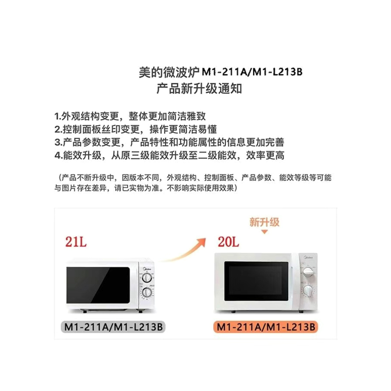 美的(Midea)M1-211A/L213B 转盘微波炉 21L 防水墙设计 微波功能 旋钮操控控温五档火力 易清洁内胆