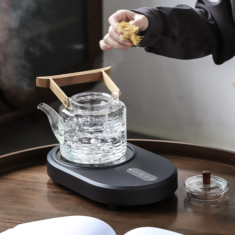 电陶炉煮茶器金蛋小型家用静音蒸茶器炉玻璃陶瓷烧水壶耐热玻璃壶养生 白色简艺平板+锤纹双内胆茶壶