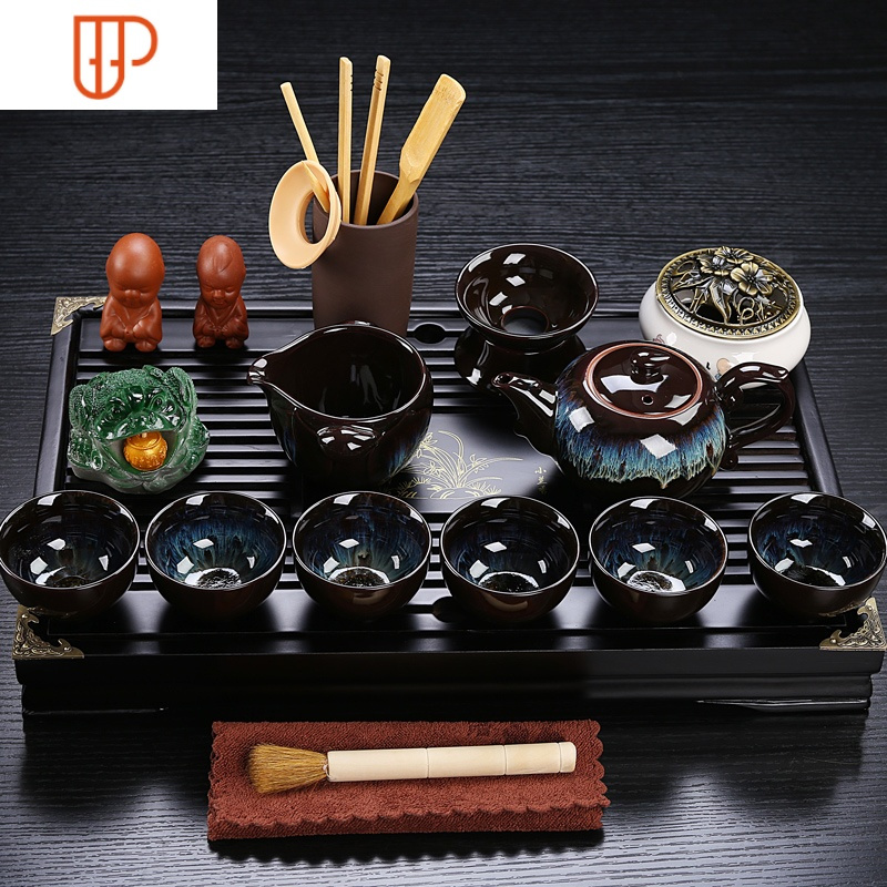 陶瓷功夫茶具套装家用客厅整套茶台茶杯办公抽屉式小木茶盘D 国泰家和 香炉10头豆绿哥窑禅字棕色小兰3AO0CG