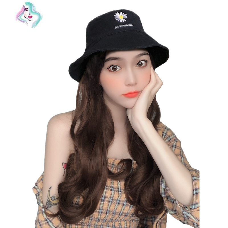 假发女长发带帽子一体时尚夏天可拆卸渔夫帽中长卷发自然全头套式 你那么美 米白帽【板栗黑】