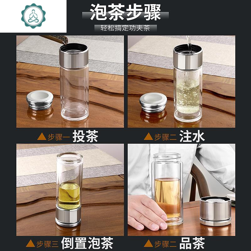 全钢盖茶水分离杯隔热防烫迷你便携耐热透明双层玻璃杯 封后 钢本色300ml+玫瑰金300ml