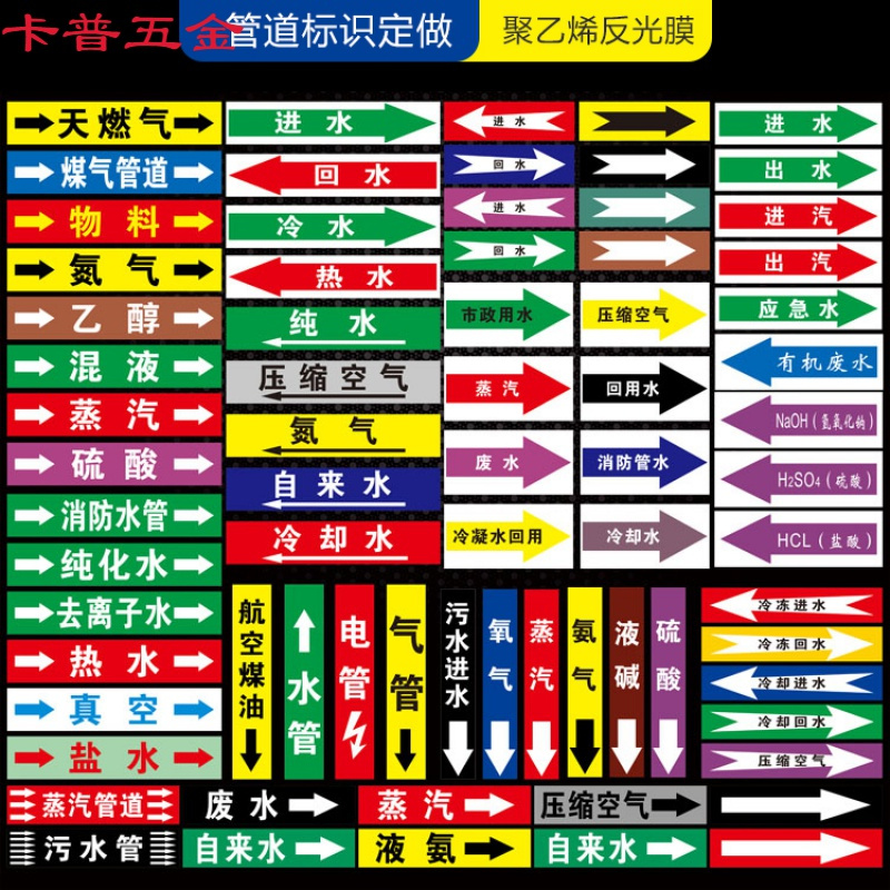 致仕管道标识流向箭头贴反光聚乙烯电线管废气送风新风回风空气搅拌空调冷却冻氩氦气纯蒸汽冷热水管路指示订制做 【黄底_388