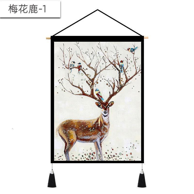 北欧挂画布艺墙布挂布背景布挂毯三联装饰画 客厅卧室房间床头 梅花鹿-1 （麻）宽45cm*高65cm_891