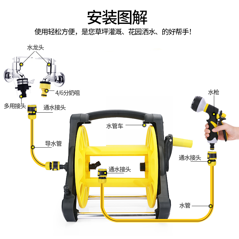 汉轩 家用水枪软管盘管水管收纳架浇花洗车收管器水车架水管车套装 大号车架+30米4分水枪套装(加送2米管)