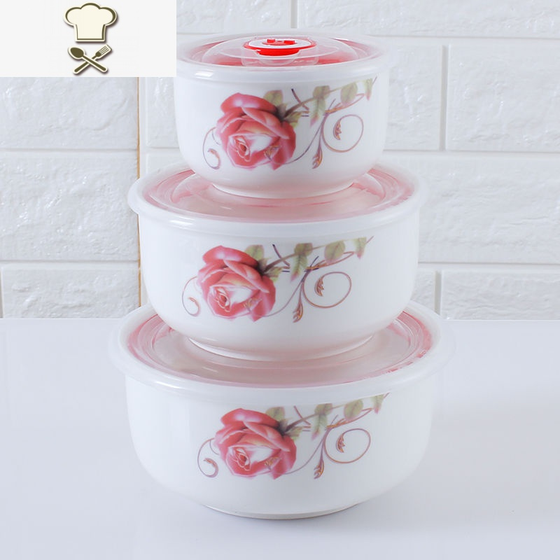 陶瓷密封保鲜碗三件套 陶瓷碗带盖套装便当盒饭盒 冰箱微波炉适用 好