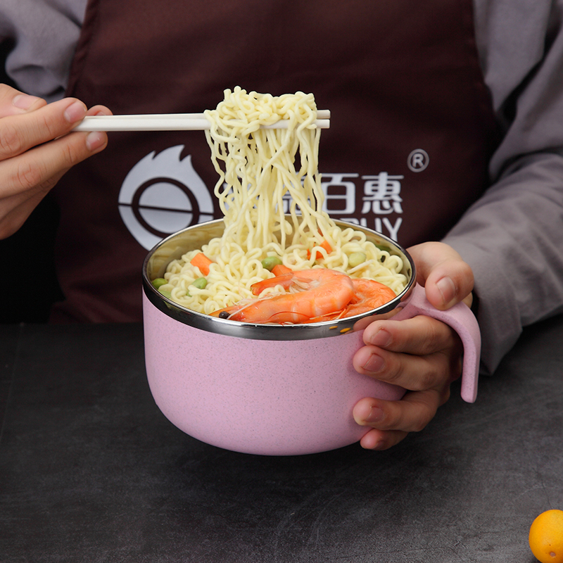 不锈钢碗单个家用可爱泡面碗带盖纳丽雅日式碗筷餐具套装学生汤饭碗 北欧绿【1000ml】+便携餐具+袋