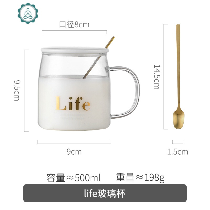 玻璃杯透明带盖勺把手可爱马克杯子家用简约办公室水杯女清新ins 封后 Life500ml