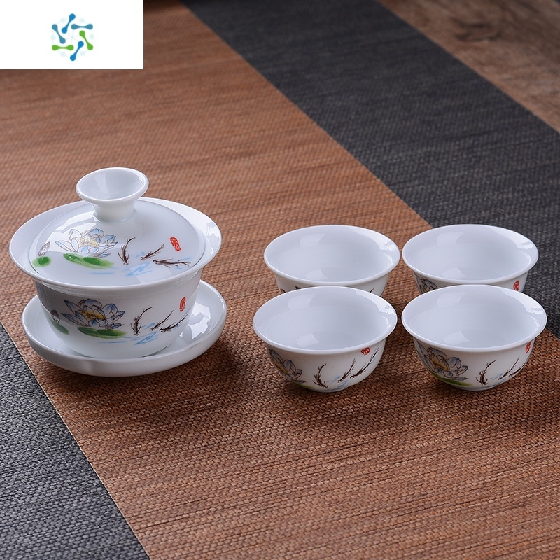 功夫茶具套装青花陶瓷盖碗茶杯简约家用泡茶器茶壶整套三才碗特价 三维工匠 1盖碗4杯【高白瓷】雪景