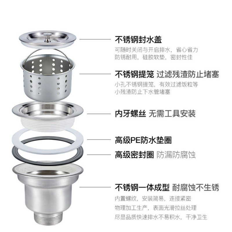 厨房水不锈钢提篮下水器洗菜盆配件单双110提笼落水器全钢 全钢11CM+0.9米带(防臭弯)