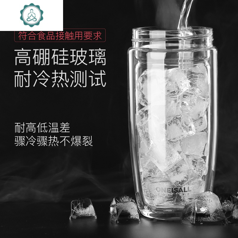 双层隔热玻璃水杯女创意潮流个性杯子带过滤网简约清新森系泡茶杯 封后 银色直身款-320ML+杯套