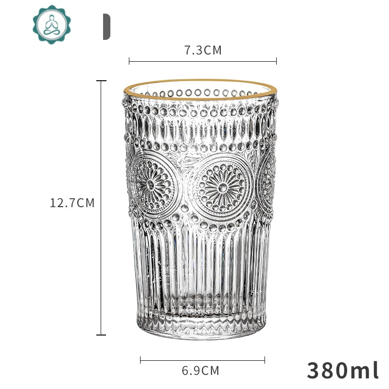 网红ins北欧风复古浮金边玻璃杯圆形太阳花水杯冷饮杯奶茶杯子 封后 浮雕杯（高款380ml）金边