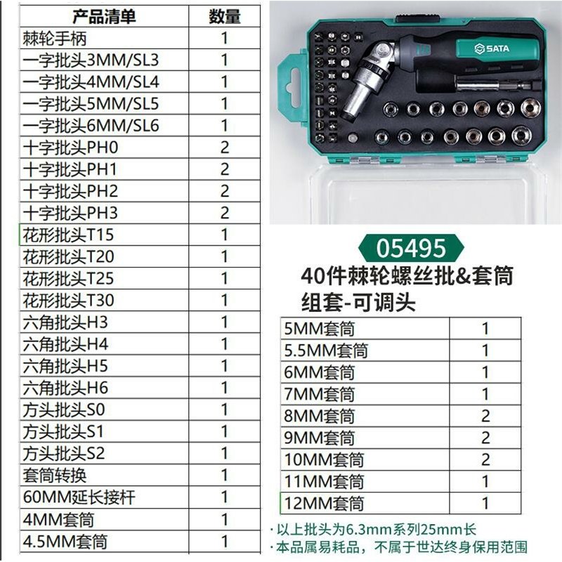 世达SATA五金工具40件套棘轮螺丝批&套筒组套可调头05495(mQ4)