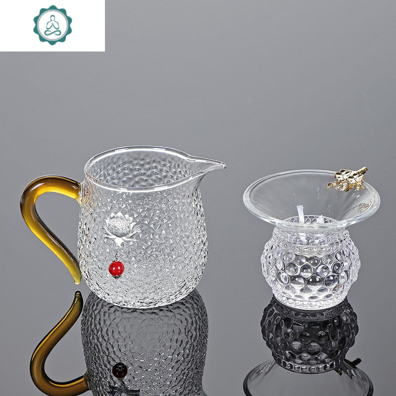 日式玻璃锤纹公道杯大号个性贴锡梅花分茶器带把加厚耐热茶漏套装 封