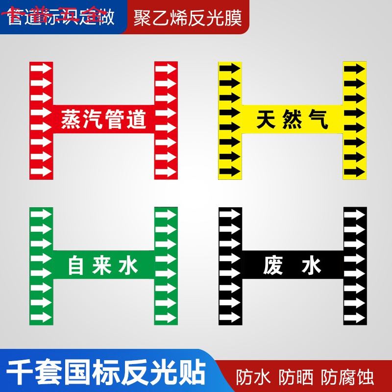 致仕管道标识流向箭头贴反光聚乙烯电线管废气送风新风回风空气搅拌空调冷却冻氩氦气纯蒸汽冷热水管路指示订制做 【红底_340