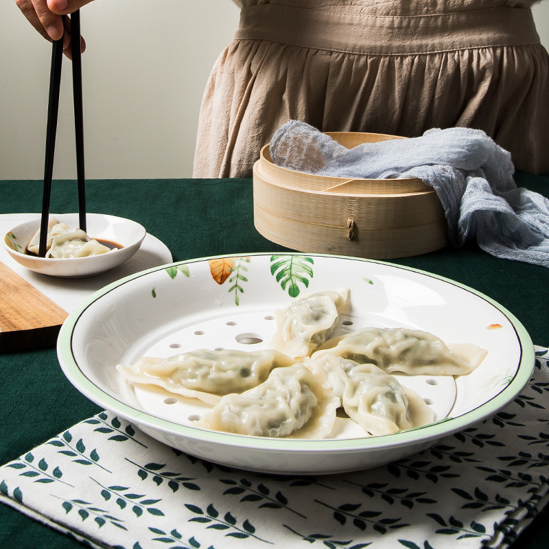 饺子盘沥水双层盘创意陶瓷餐具家用圆形餐盘碟子大号蒸盘水饺盘子_161