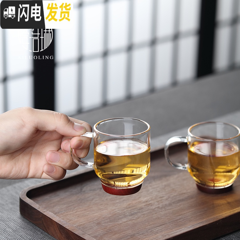 三维工匠 耐热玻璃小把杯子品茗杯 家用透明带把小茶杯个人杯牛奶杯 直身小把杯（木底）2个装