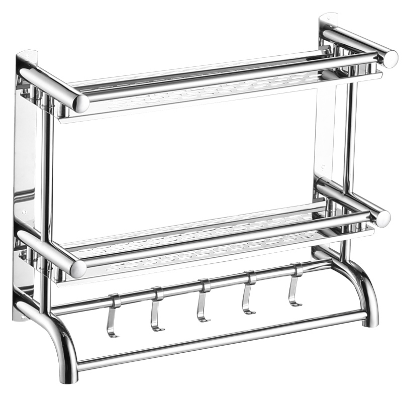 浴室毛巾架不锈钢免打孔CIAA三层卫生间置物架双层洗手间浴巾厕所壁挂 【弯头款】三层40cm【打孔+免打孔】304特厚