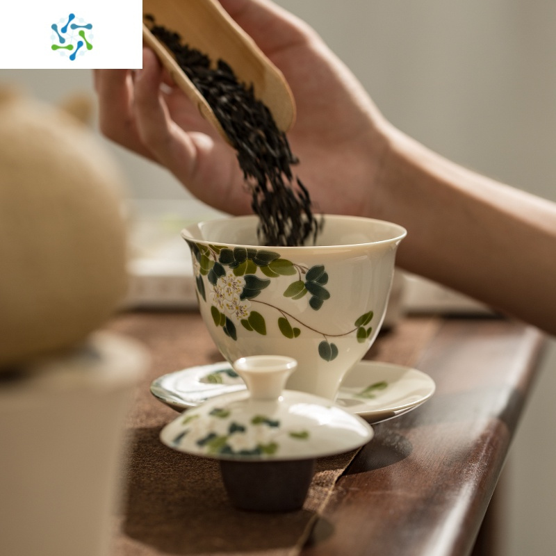 日式木灰盖碗 家用陶瓷泡茶碗敬茶杯功夫茶具盖碗茶杯 三维工匠 三才盖碗-绣球花（青灰釉）
