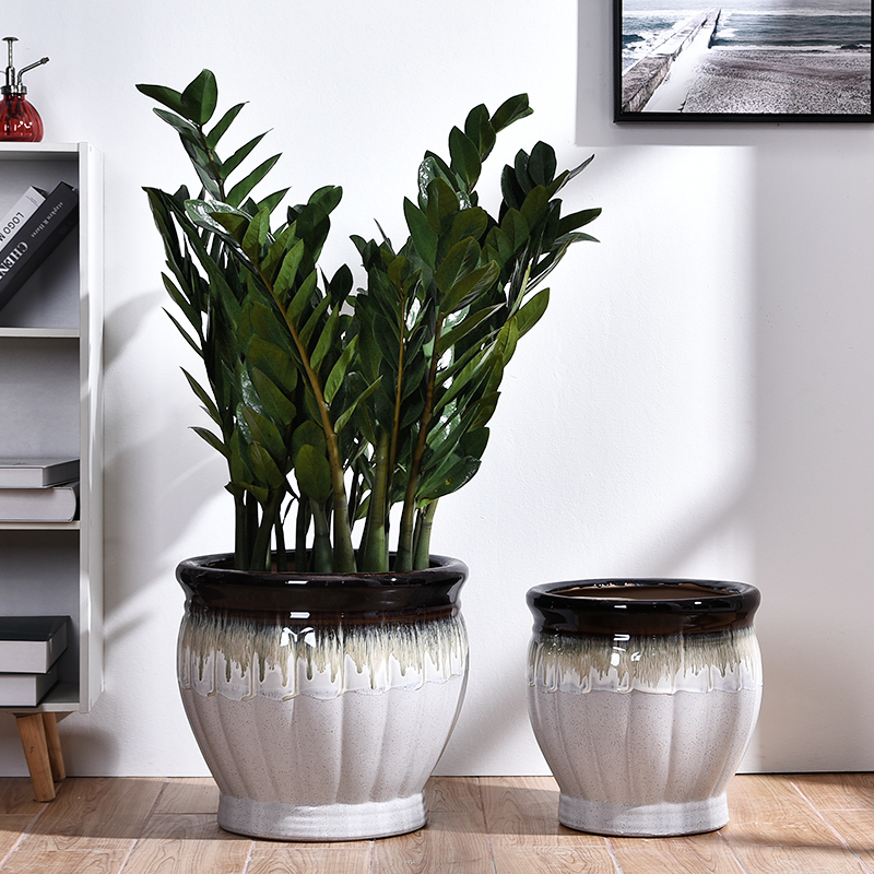 花盆陶瓷客厅落地种高盆室外幸福树古达铁树花盆摆件 松绿色小号(含