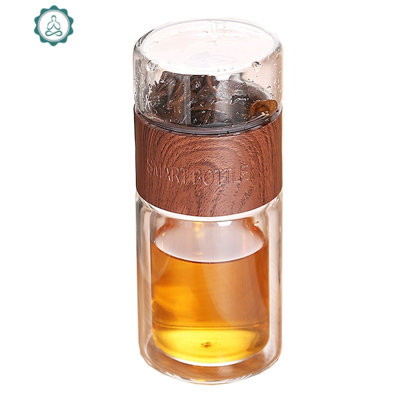 水杯便携夏天防摔茶水分离泡茶杯双层玻璃功夫杯旅行茶叶杯子保温 封后 皮纹棕300ml