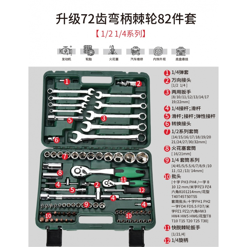 汽修工具箱套装扳手套筒工具套装组合修车棘轮万能汽车维修一套闪电客工具组合 【维修师傅推荐】升级72齿弯柄棘轮82件套