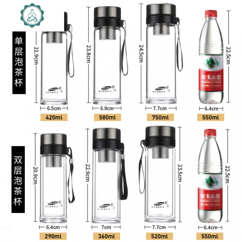 超大容量玻璃杯男士单层耐热茶杯便携双层带盖过滤随手水杯子 封后 750毫升单层特大号+送杯套