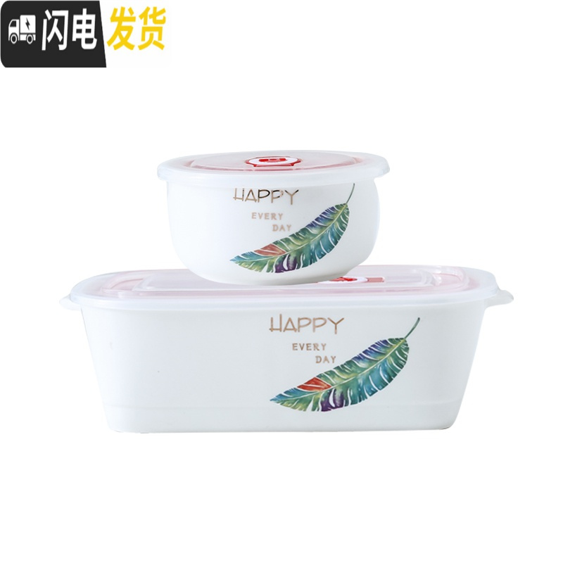 三维工匠上班带饭的饭盒微波炉专用分隔便当盒带盖分格陶瓷密封盒长方形碗 柳叶方三格碗+角树袋+勺筷+汤碗