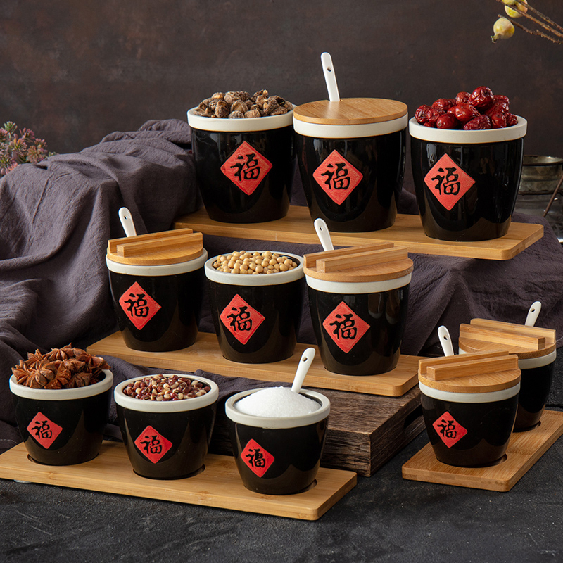 福字缸餐桌摆件小水缸带盖烘焙精灵汤盅陶瓷储物调料缸调味罐酱缸菜缸