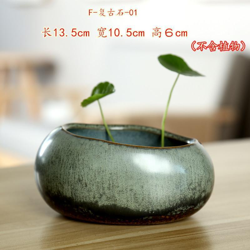 特价粗陶水培菖蒲铜钱花盆陶瓷无孔多肉植物仿石头花器创意吊兰_223