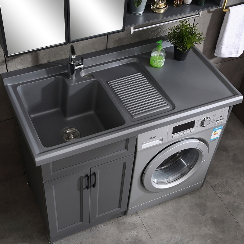 太空铝阳台定制洗衣机柜一体组合它墅石英石台面洗衣水池台盆定制镜柜