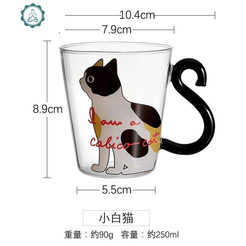 日式创意小猫手柄玻璃杯子咖啡杯水杯茶杯奶杯果汁饮料杯 封后 白猫+猫爪银勺