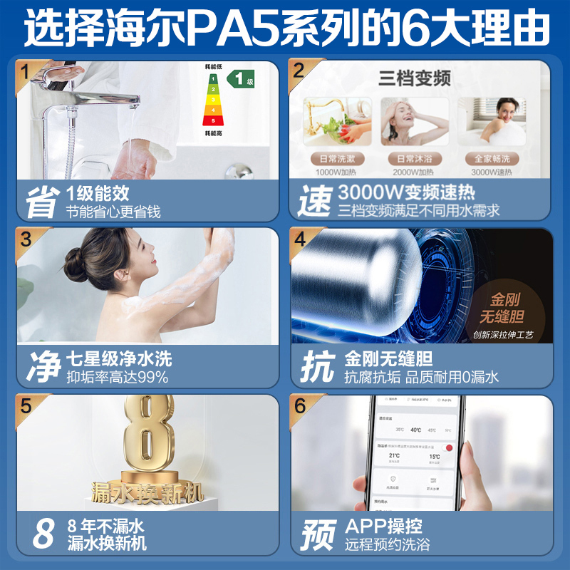 Haier/海尔电热水器80升PA53000W变频速热 手机APP智控 七星级净水洗