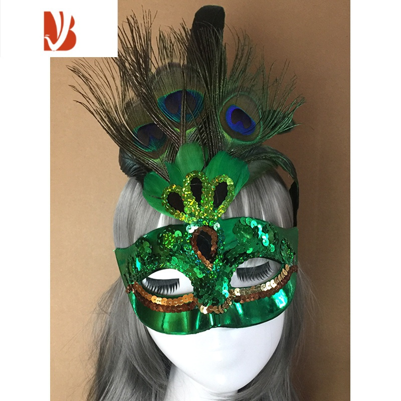 三维工匠化妆舞会蓝色孔雀羽毛美女相亲生日半脸面具女万圣节装扮道具