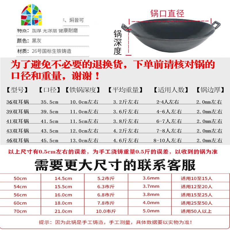 老式铁锅家用传统加厚双耳尖底圆底燃气灶炒锅无涂层生铁大炒菜锅 FENGHOU 36cm【配可立盖加厚生铁锅】