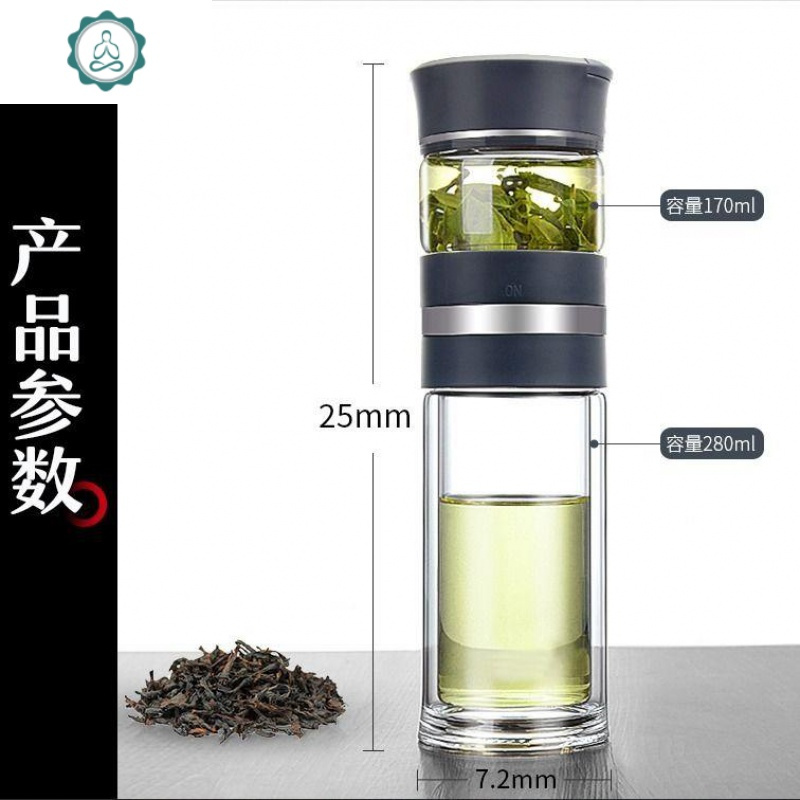 商务男泡茶杯茶水分离泡茶杯双层隔热便携过滤水杯玻璃水杯450ml 封后 灰色泡茶保温杯600毫升