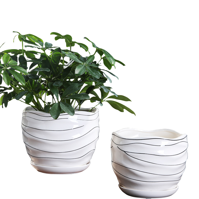 花盆陶瓷创意个性家用带托盘古达绿萝室内阳台多肉花盆 两个中号纯白
