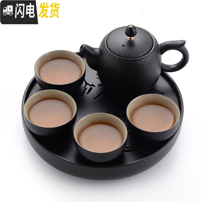 三维工匠黑陶瓷简约现代功夫茶具套装家用日式小泡茶壶杯旅行干泡茶盘 02梨型1壶4杯静眺山20cm