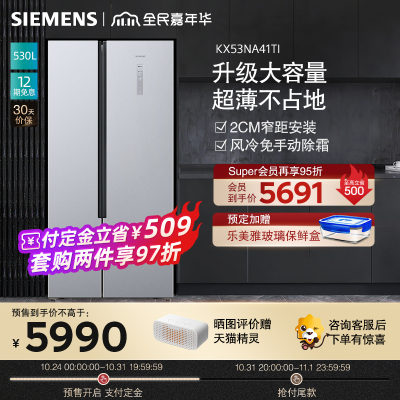 西门子(SIEMENS)530升 对开门冰箱 家用大容量风冷无霜嵌入变频解冻 KX53NA41TI