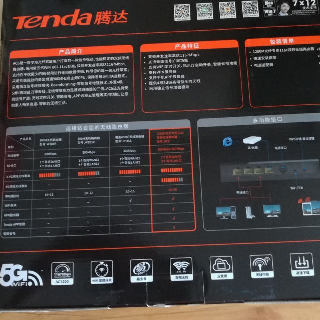 腾达tendaac6四天线1200m11ac双频无线增强型路由器光纤专用