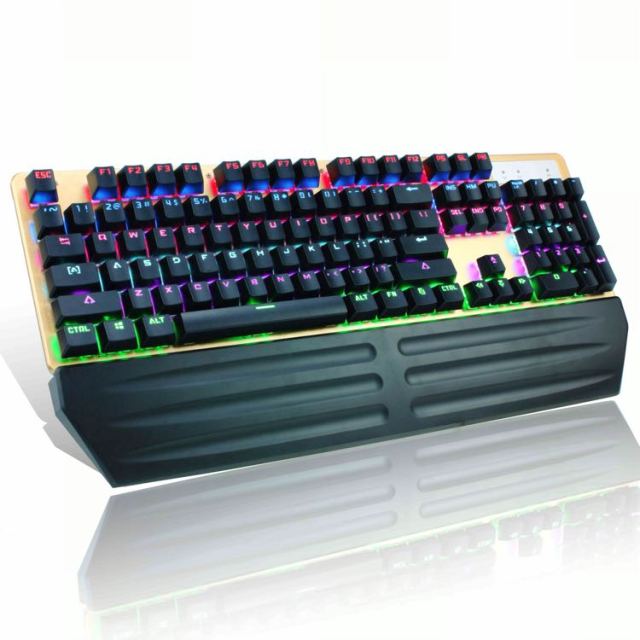 黑貂电竞机械键盘青轴金属质感防尘混背光6色灯有线键盘悬浮式双色
