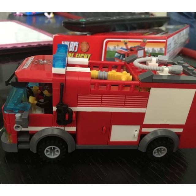 开智兼容乐高儿童玩具6岁以上男孩消防喷水车拼插塑料小颗粒拼装积木