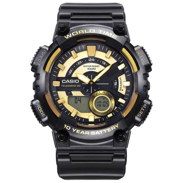 卡西欧casio手表 石英表 男 时尚指针双显防水防震运动男士表aeq-110